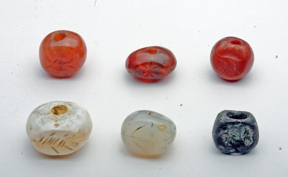 Lot of 6 Sassanian Stone Stamp Seals: Sassanian Empire, Ca 224 to 651 CE, Middle Persian, the last Iranian empire before the rise of Islam. Nice mixed lot of sixstamp seals, three of carnelian, two chalcedony, and a very rare example in b