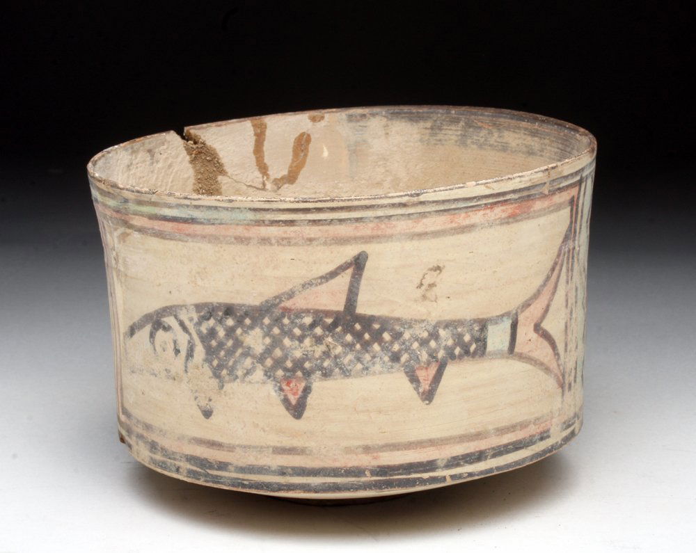 Large Indus Valley Polychrome Cup - Fish!: Pakistan/Baluchistan, Ca 3000 BCE. Rare! The vast majority of Indus Valley cups showing this little fishy have either been completely repainted, or are outright fakes. This is neither! Absolutely orig