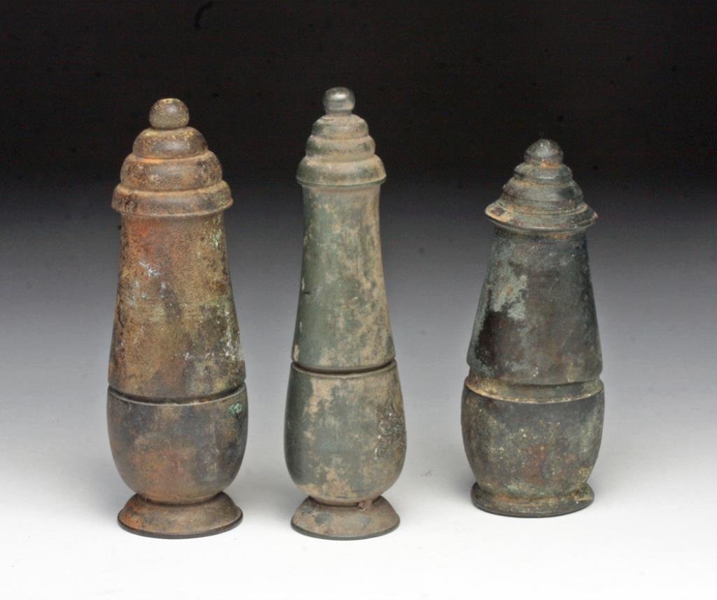Lot of 3 Khmer Bronze Lime Containers: Cambodia, Ca 12th to 14th centuries CE. Lovely group of 3 similar bronze lime containers - used to enhance the effects of hallucinogenic drugs like opium, each in two part with turned foot and tiered 