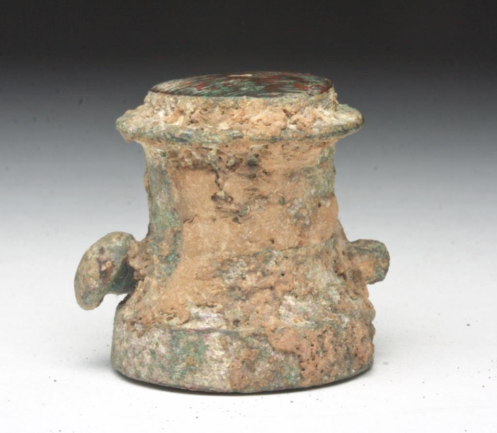 Chinese Han Dynasty Bronze "Hub Cap": China, han Dynasty, Ca 221 BCE to 200 CE. Rare bronze hub cap, from the end of a cart or chariot, made of solid bronze, turned on a lathe, original cotter key pin still in place. 1-3/8" H. Provenance:
