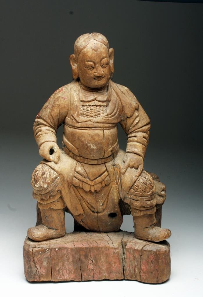 19th C. Chinese Wooden Daoist Judge: China, mid to late 19th century. A WELL-CARVED, DAOIST WOODEN TEMPLE OR HOME ALTAR GOD. With a stern though not ferocious visage, this is not a Buddhist temple guardian but rather a Daoist god, probab