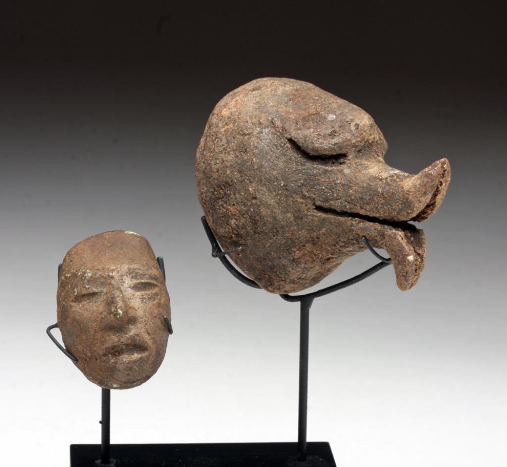 Rare Mayan Terracotta Face Mold - Bird Form: Pre-Columbian, Guatemala, Mayan territories, Ca 500 to 800 CE. Rare and fascinating pottery mold used in the making of faces for pottery figures. Mold itself is made in the form of a bird mask with la
