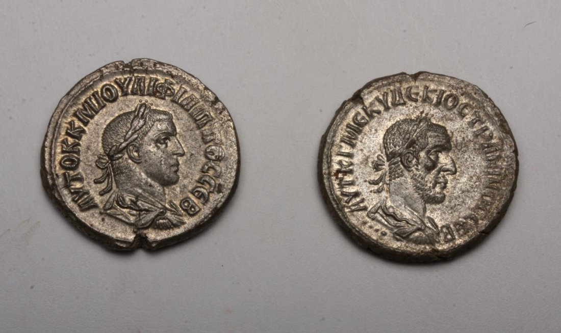 Pair of Syrian Antioch Tetradrachms: Syria, Roman rule, Antioch mint, Ca 244 to 250 CE. Fine pair of silver tetradrachms minted at Antioch, during Roman rule. First, Philip I, minted between 244 and 249 CE. Laureate, draped cuirassed bus