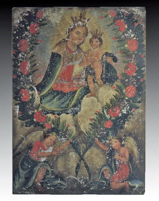 Antique Mexican Retablo - N.S., Refugio De Pecadores: Mexico, ca. 1800 CE. A sweet painting on tin depicting Our Lady, Refuge of Sinners. Icons like these were placed above household altars to venerate the saints (retablo literally means "behind the alta