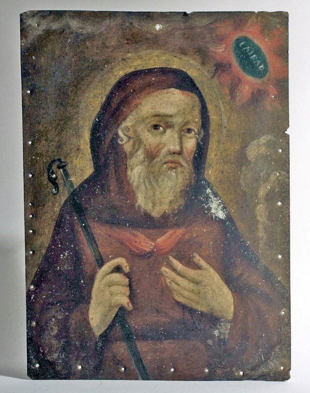 Antique Mexican Retablo - San Francisco De Paula: Mexico, ca. 1800 CE. A fine antique painting on tin depicting St. Francis of Paola.Icons like these were placed above household altars to venerate the saints (retablo literally means "behind the altar
