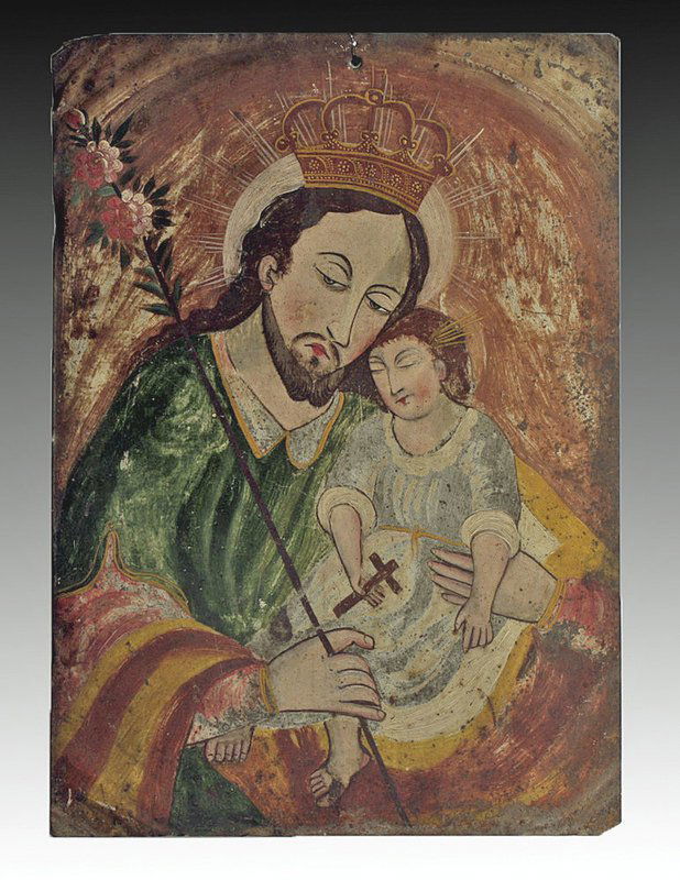 Antique Mexican Retablo - San Jose: Mexico, ca. 1800 CE. A colorful antique painting on tin depicting San Jose. Icons like these were placed above household altars to venerate the saints (retablo literally means "behind the altar"). The