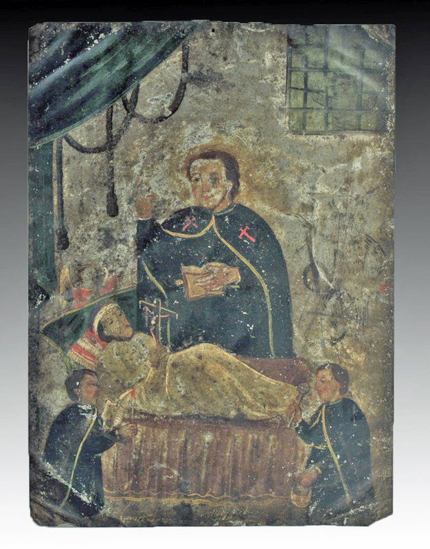 19th C. Mexican Retablo - San Camilo De Lelis: Mexico, ca. 1800 CE. An interesting antique painting on tin depicting St. Camillus, the “Red Cross Saint.” Icons like these were placed above household altars to venerate the saints (retablo liter
