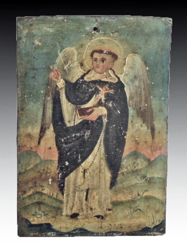 Antique Mexican Retablo - San Vicente Ferrer: Mexico, ca. 1800 CE. A sweet antique Mexican retablo depicting St. Vincent, known as a powerful preacher able to convert the masses to Catholicism. Icons like these were placed above household altars 