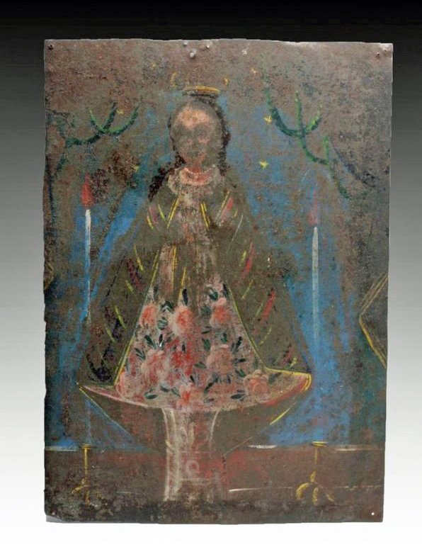 19th C. Mexican Retablo - Our Lady of Good Success: Mexico, ca. 1800 CE. An antique painting on tin depicting the Holy Mother as Our Lady of Good Success. Icons like these were placed above household altars to venerate the saints (retablo literally mea