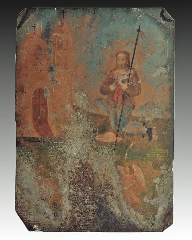 19th C. Mexican Retablo - San Isidro Labrador: Mexico, ca. 1800-1900. An antique Mexican retablo depicting St. Isidore the Labourer. Icons like these were placed above household altars to venerate the saints (retablo literally means "behind the al