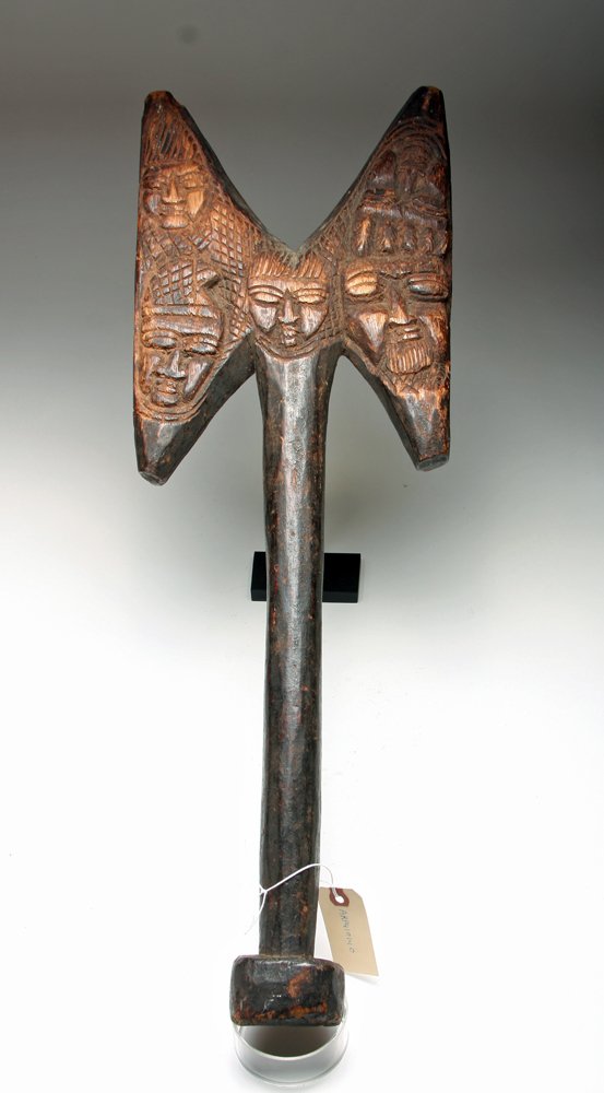 African Oshe Shango / Dance Wand: Yoruba, Nigeria, Ca 1950 or earlier. An oshe shango, or dance wand, designed to be carried by devotees at the annual festival for Shango, the god of thunder and lightning. The double ax-blade motif r