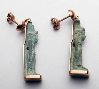 Pr Egyptian Amulets Set in 14kt Gold: Egypt, Late Dynastic Period, Ca 6715 to 330 BCE. Lovely and wearable amulets set into rose gold earrings. Each amulet represents Nefertum, the youthful son of Ptah and Sekhmet. Amulets measure