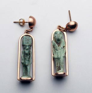 Ancient Egyptian Faience Amulets Set in 14kt Rose Gold: Egypt, Late Dynastic Period, 715 to 330 BCE. Nice pair of earrings comprised of two faience amulets, one of Thoth, the Ibis-headed god, the other of Nefertum, god of fragrance. Each about 1-1/8" H