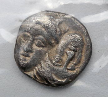 Silver Greek Istros Coin - Eagle and Dolphin: MOESIA, Istros. Circa 4th Century BC. AR Diobol - 1.5 grams. Facing male heads, the right inverted Rev: Sea-eagle left, grasping dolphin with talons. SNG BMC Black Sea; Hunterian pg. 410, 2. 