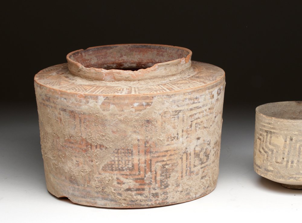 Massive Indus Valley Bi-Chrome Jar: Indus Valley, Pakistan, Ca 3000 BCE. Beautiful thinly potted vessel decorated with dark brown and red geometric patterns. Huge example measuring 6-1/4"D x 4-3/8"H. Provenance: Ex D. Smith collection a