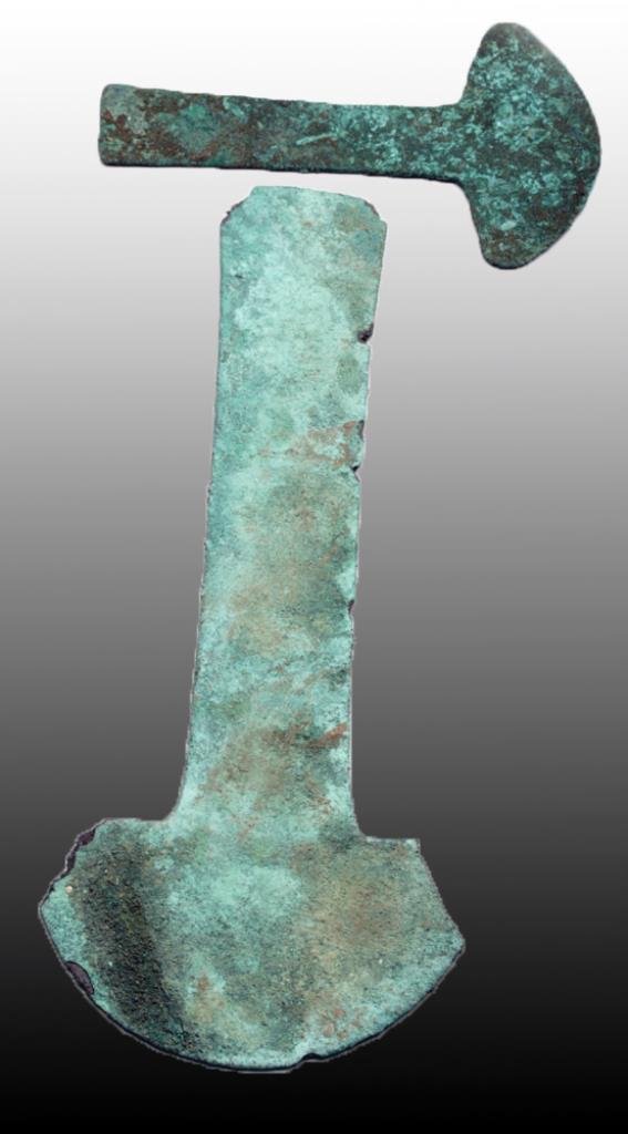 Lot of 2 Chimu Inca Copper Tumis: Northern Peru, CA 1000 to 1400 CE. Pair of copper ceremonial knives, called tumis, placed into the graves to be used in the afterlife. Largest is 9" long and has fabric adhering to one side. Provenanc