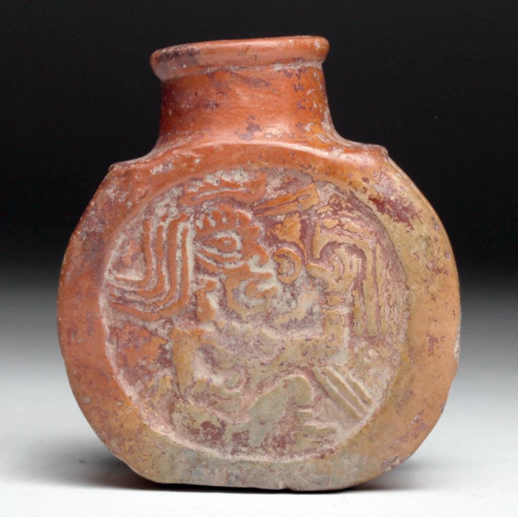 Mayan Poison Bottle - Seated Lords: Pre-Columbian, Mayan territories, probably Guatemala, Ca 550 to 850 CE. Very pleasing "poison" bottle - the term probably being a misnomer as most holding decorative powders and drugs. Rounded bottle 