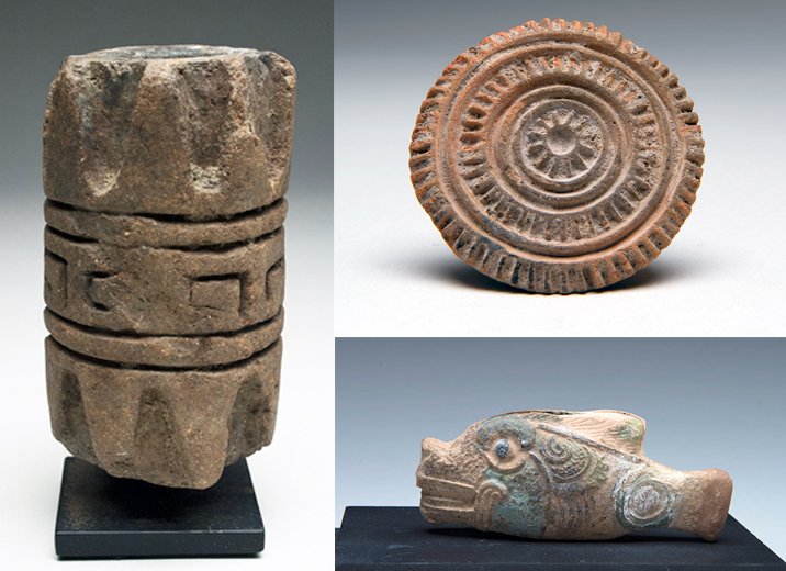 Lot of 3 Fine Pre-Columbian Pottery Pieces: Colima, Mexico and Mayan Territories, Ca 300 BCE/Ce and 550 to 850 CE. First, set of two pottery stamps used in decorating clothing and human skin. One in stamp version with small handle, other a roll