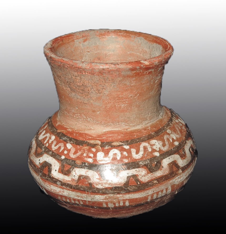 Pre-Columbian Polychrome Jar: Jalisco, W. Mexico, Ca 300 BCE to 300 CE. Lovely decorated jar with bulbous base and sloping walls. Painted with repeating design in white and black over orange base. 3 1/2" wide, Provenance: Ex-Lynn 