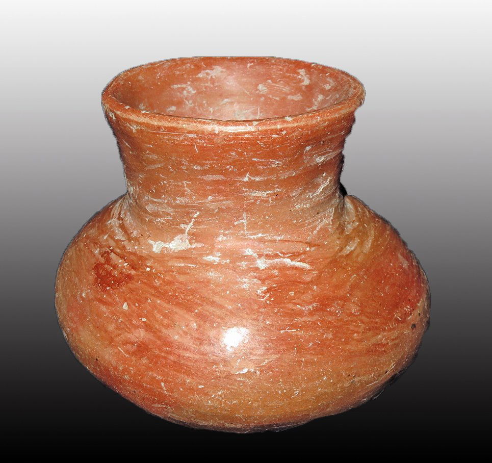 Pre-Columbian Orange Jar with Geometric Design: Nayarit, W. Mexico, Ca 300 BCE to 300 CE. Lovely small redware jar with bulbous base, and slightly flared neck. 4-1/2" H. Provenance: Ex-Lynn Langdon collection acquired in the 1950's. All items legal