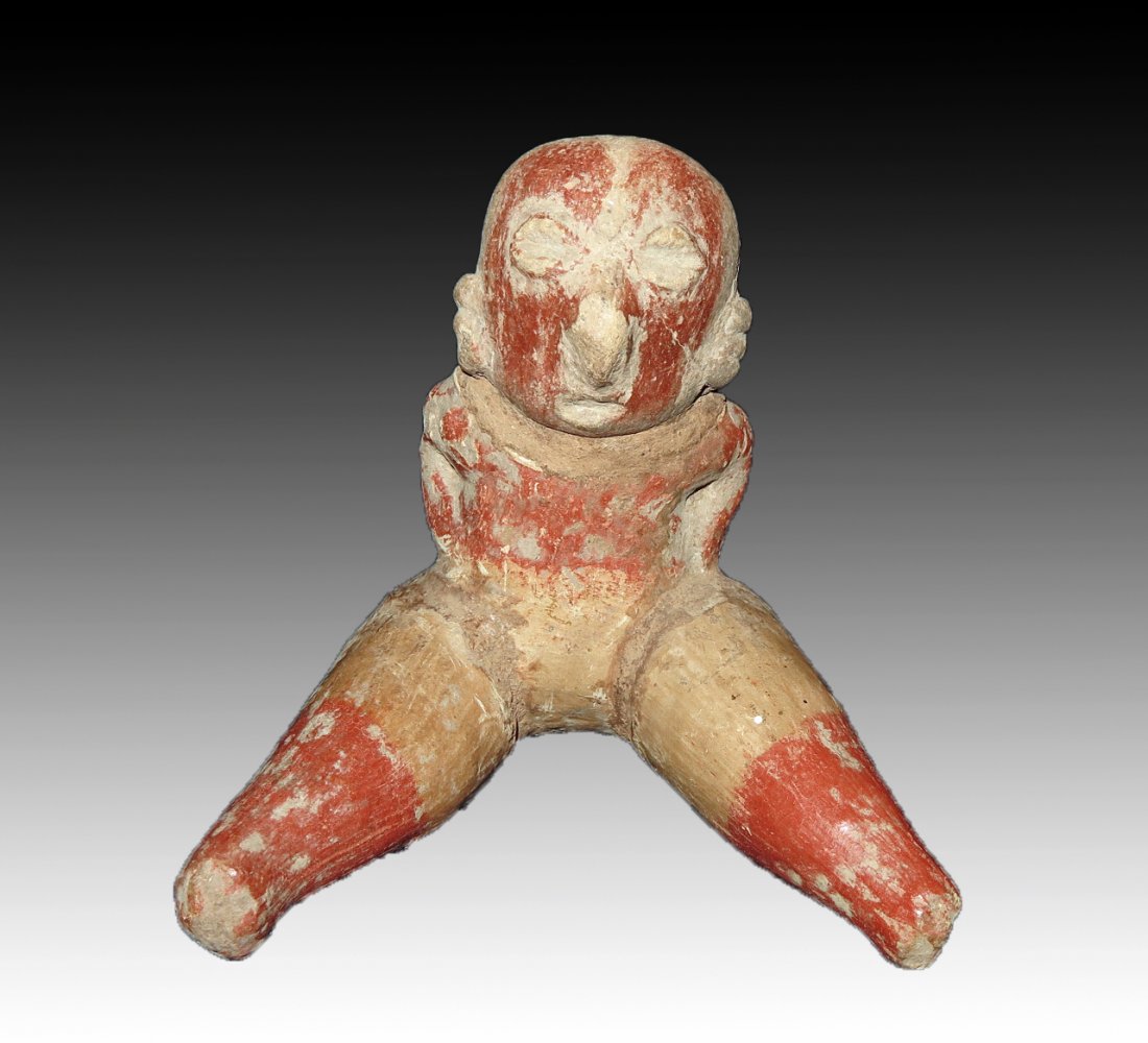 Pre-Columbian Chinesco Seated Figure: Nayarit, W. Mexico, Chinesco style, ca 300 BCE to 300 CE. Pottery seated figure in the Chinesco style, legs spread, arms held behind back, painted in bright red/orange. 5" H. Provenance: Ex-Lynn Langd