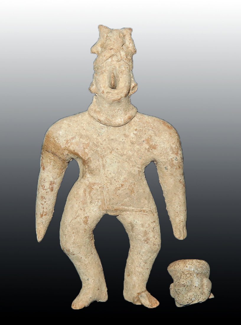 Pre-Columbian Colima Gingerbread Figure & Head: West Mexico, Colima and Nayarit, Ca 300 BCE to 1300 CE. Colima gingerbread flat figure, elaborate headdress and simple appendages. 5-1/4" H. Plus solid molded head from another figure. 7/8" tall. Naya