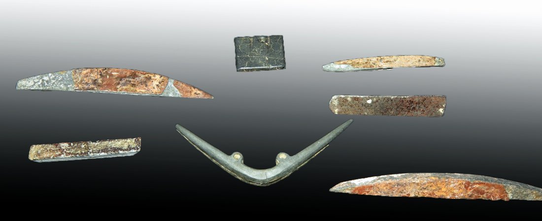 (7) Pre-Columbian Nayarit Hematite / Argillite Pendants: West Mexico, Nayarit region, Ca 300 BCE to 300 CE. Group of 7 stone pendants, 1 hematite and 6 from argillite. The hematite in nearly square shape, perfed for suspension and probably used as a mirror.