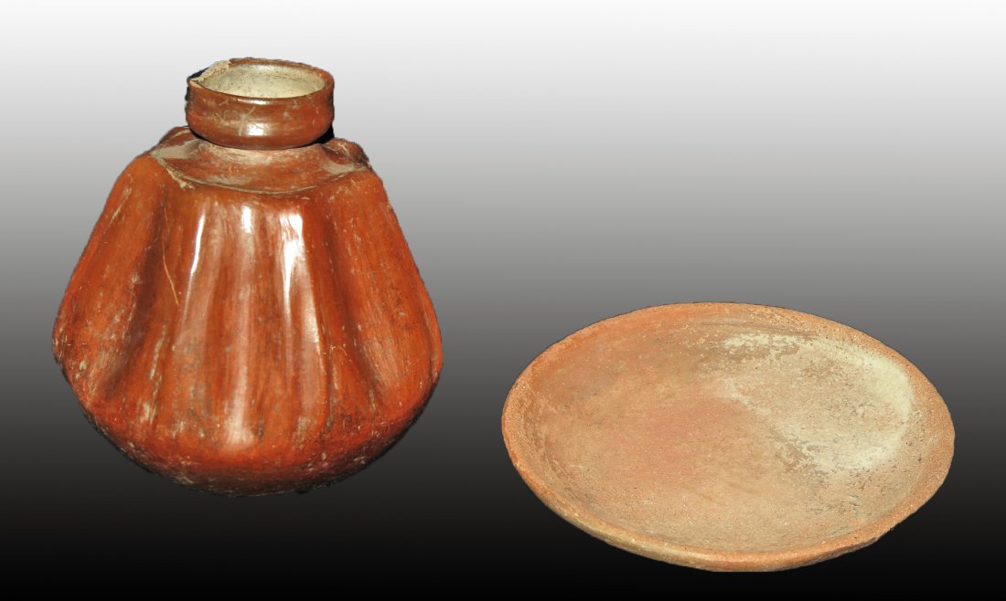 Pre-Columbian Colima Melon Jar + Plate: Colima, W. Mexico, Ca 300 BCE to 300 CE. First, red/brown fluted melon shaped jar, with wide base and thinning shoulder and concave rim, 4" W. Next, flat redware plate of shallow form, 5-1/8" D. Prove