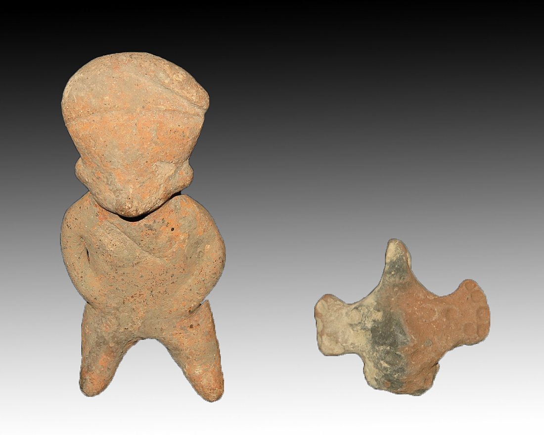 Pre-Columbian Head from Bird-Man Figure: Nayarit, Mexico, Ca 300 BCE/CE. Standing redware figure with forked feet allowing it to stand independently, hands to waist, large rounded head with headband. 6-1/2" H. Along with unusual fragment fro