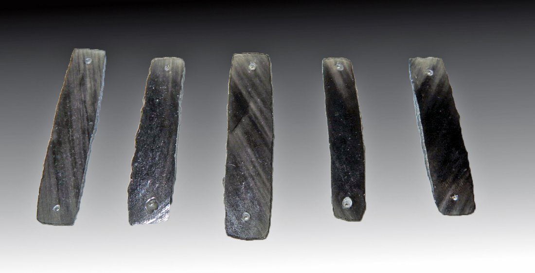 5 Pre-Columbian Obsidian Spacer Beads & Crescent: Nayarit, Mexico, Ca 300 BCE/1300 CE. Lovely example of how obsidian was used by the ancient natives. 5 thinly sliced obsidian spacer pendants, each about 2 inches long and each drilled - which must ha