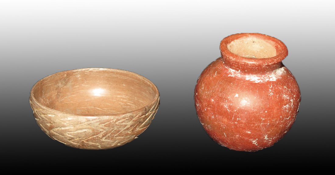 Pre-Columbian Colima & Nayarit Jars: West Mexico, Colima and Nayarit, Ca 300 BCE/CE. Redware jar with short flaring rim, 3" tall, Colima. Along with short brownware bowl with incised chevron decoration. 3-7/8" D. Provenance: Ex-Lynn Lang