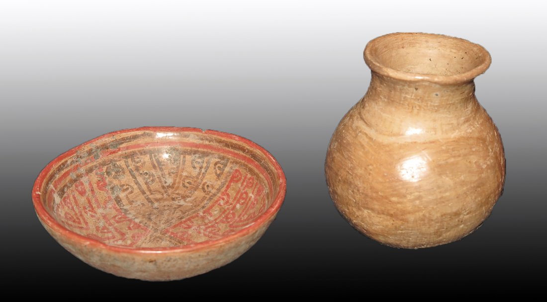 Jalisco Pre-Colombian Polychrome Bowl & Nayarit Olla: West Mexico, Nayarit and Jalisco, Ca 300 BCE/CE. First, wonderfully decorated Jalisco bowl with red and black designs over buff slip. 5 3/4" wide. Next, Nayarit buff colored olla with deeply burnished