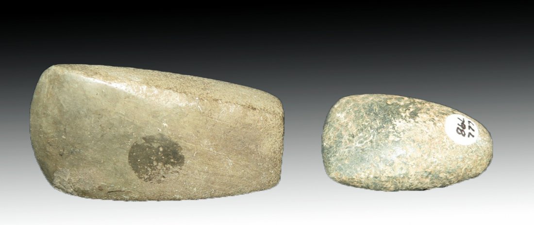 Pair of Pre-Columbian Nayarit Stone Celts: Nayarit, Mexico, Ca 1000 BCE/ 1300 CE. Two stone celts, one of more angular form from volcanic basalt. 3 3/8" long. Along with petaloid shaped celt of mottled greenstone. 2-3/8" L. Provenance: Ex-Lynn