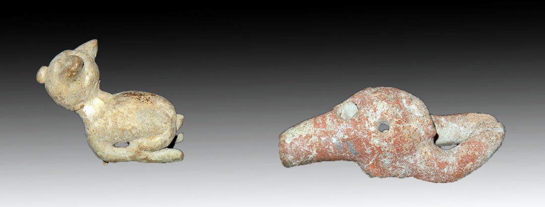 Pre-Columbian Colima Figural Whistle & Figurine: Colima, Mexico, Ca 300 BCE/CE. Pair of unusual "toys." First, pottery figurine appearing to be a cat dashing at full speed. 2" L. Along with whistle that looks to be a pair of paws holding an object b