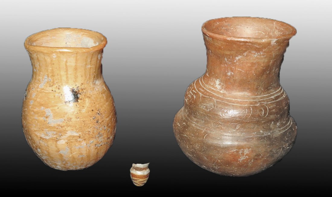 Pre-Columbian Nayarit Vessels - One Miniature: Nayarit, Mexico, Ca 300 BCE/CE. Two tallish pottery vessels, one orangeware, other redware with incised decorations. 4-1/4 & 4-3/4" tall. Along with what was one such an incredible miniature! Tiny ves