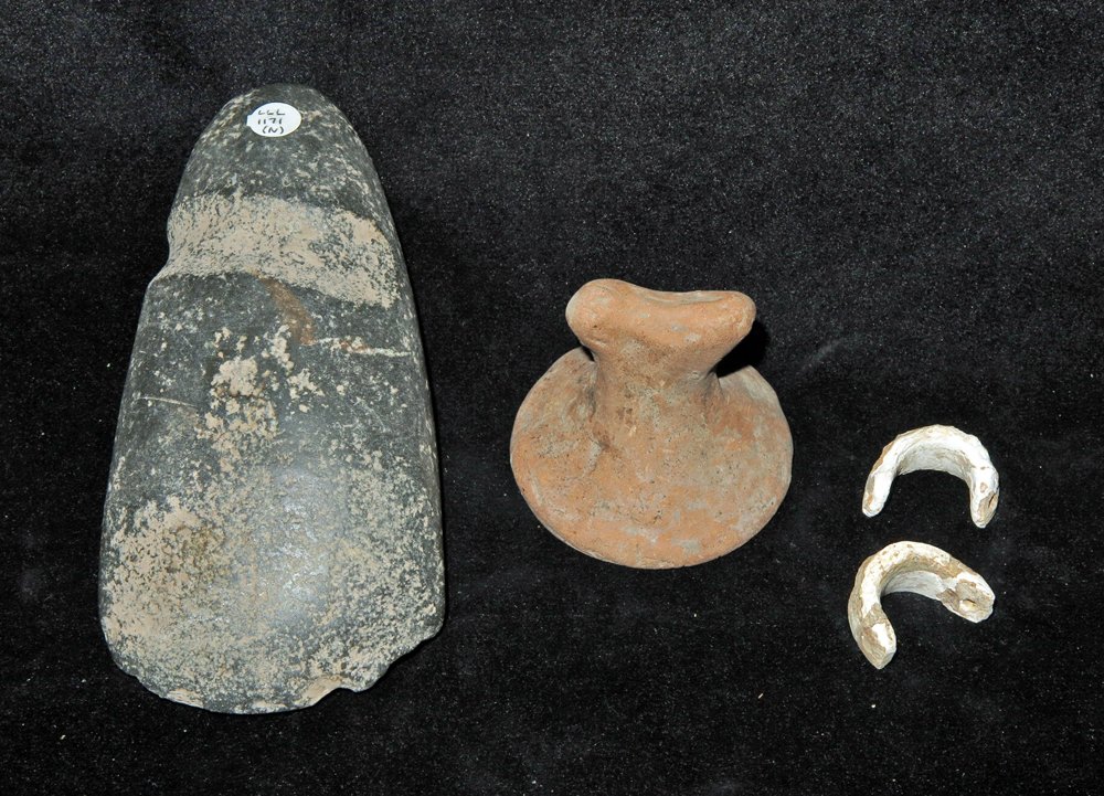 Lot of 3 Pre-Columbian Objects - West Mexico: West Mexico, Ca 300 BCE/1300 CE. Interesting lot of artifacts! First, set of two atl atl finger grips, made of shell; 1-1/4" wide. Next, unusual pottery duck-headed implement - possibly used for polis