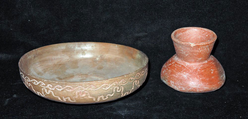 Lot of 2 Pre-Columbian Vessels - Jalisco and Colima: West Mexico, Ca 300 BCE/CE. First, lovely incised bowl from jalisco, with fine incised decoration on outside walls and base. 7-3/4". Redware, jar from Colima, Flared rim. 4" H. Provenance: Ex-Lynn Lan