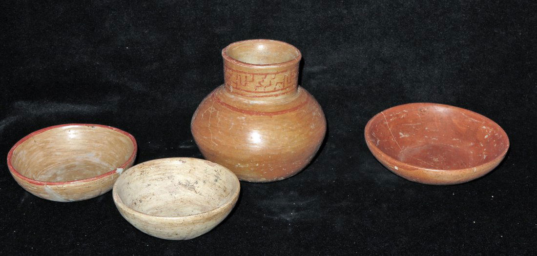 3 Pre-Columbian Nayarit Bowls Plus Jar: Nayarit, Mexico, Ca 300 BCE/CE. Three interesting bowls, one in orangeware with red rim, one in near white slip, other redware. 5-3/8" D for largest. Along with finely decorated jar in orange slip wit