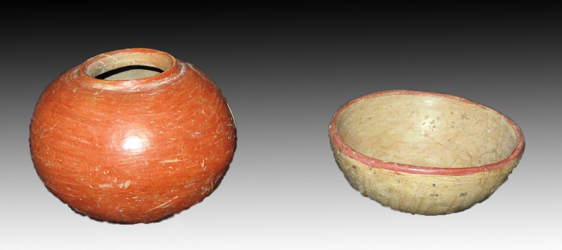 Rare Pre-Columbian Red Jar + Bowl: West Mexico< Colima and Nayarit, Ca 300 BCE/CE. Rare Colima redware olla in almost perfectly round form, small raised rim. 4" D. Along with Nayarit orangeware bowl with red rim, burnished design on ba