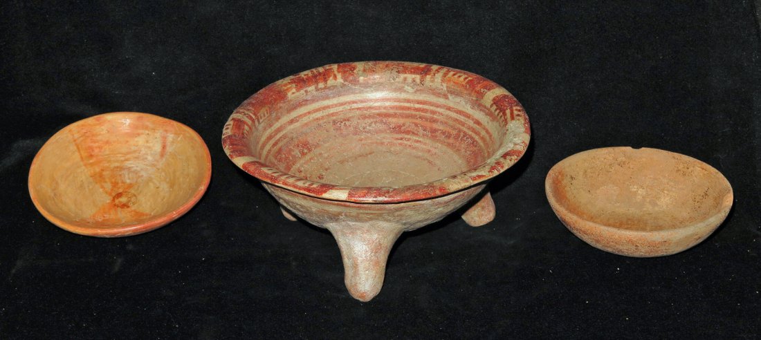 Pre-Columbian Tripod Grater Bowl & Two Bowls: Tarascan, Mexico, Ca 1000 to 1500 CE. Pottery tripod grater, with decorated interior and deep grooves on base for grating. 8.5" D. Along with two pottery bowls from Nayarit, 300 BCE/CE. One plain and