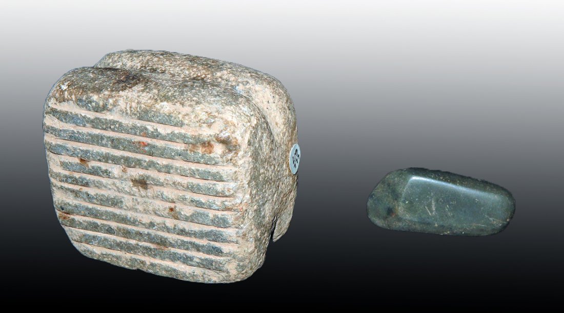 Pre-Columbian Grooved Bark Beater & Celt: West Mexico, Ca 300 BCE/CE. Rare Colima bark beater - more commonly associated with the Mayan culture. Basalt with multiple grooves used for the processing of bark cloth, which is used for making pape