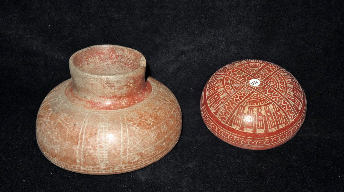 Two Pre-Columbian Incised Decorated Vessels: West Mexico, Ca 300 BCE/CE. Two stunning vessels! First, orangeware jar decorated with red paint and incised decoration of salamander and geometric patterns. 6 1/4" wide. Next, stunning red over tan b