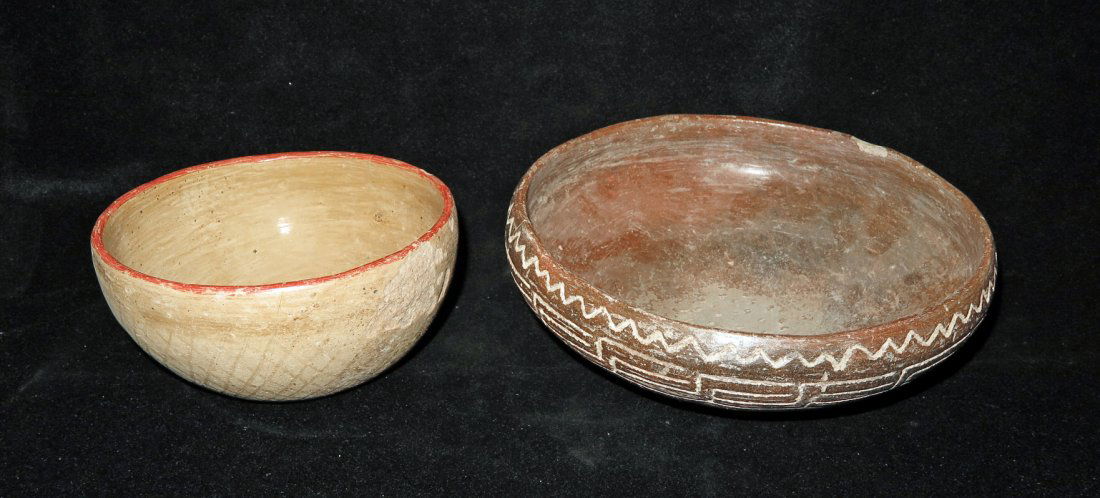 Pre-Columbian Grater and Orangeware Bowls: Nayarit, Mexico, Ca 300 BCE/CE. Unusual brownware bowl with deep incised lines in base for grating, exterior with inside designs. 8" wide. Along with light orangeware bowl with red rim and burnished d