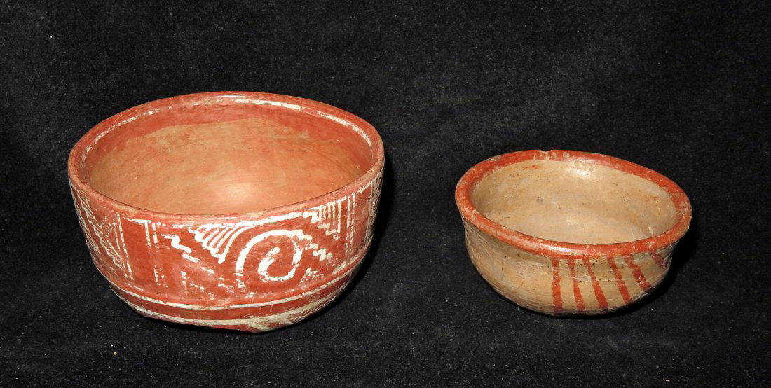 Pre-Columbian Polychrome and Bi-Chrome Bowls: West Mexico, Ca 300 BCE/CE. First, Colima polychrome tripod with lovely geometric patterns of red and white, over light orange. 5" wide. Along with Jalisco bowl with redware diagonal striped and red r