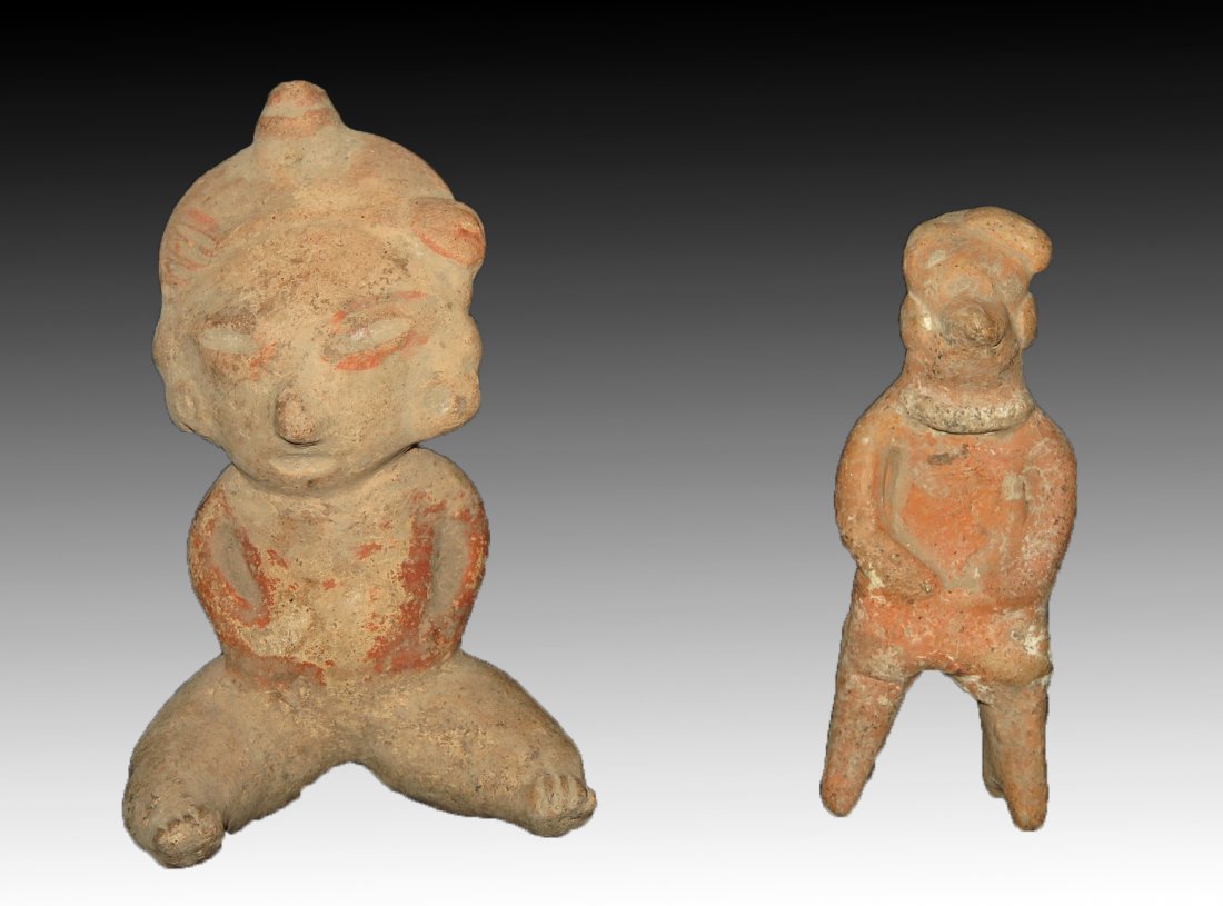 Two Pre-Columbian Male Figurines: Nayarit, W. Mexico, CA 300 BCE to 300 CE. Both intact, the 4 1/2" tall standing figure stands without support but tips fairly easily. The 5 1/4" tall seated figure will tip without support. Provenance