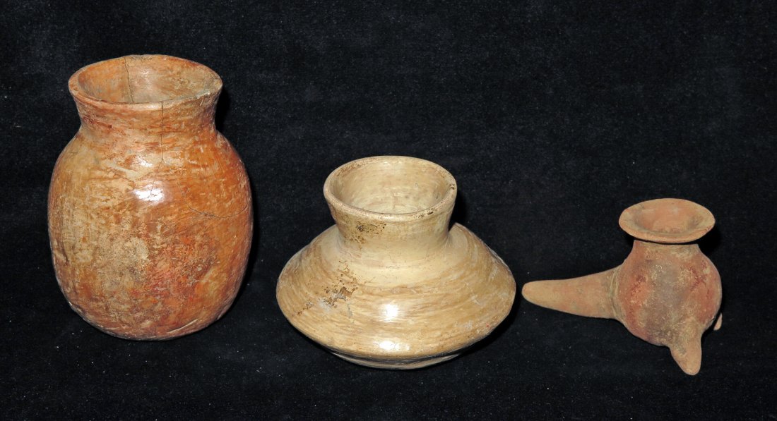 Lot of 3 Pre-Columbian Jars of Different Styles: Nayarit and Tarascan, West Mexico, Ca 300 BCE to 1500 CE. Included in this lot are two older Nayarit pieces, the 4-1/4" squat yellow jar with flare neck and the 4-1/2" tall orange jar, and an unusual,