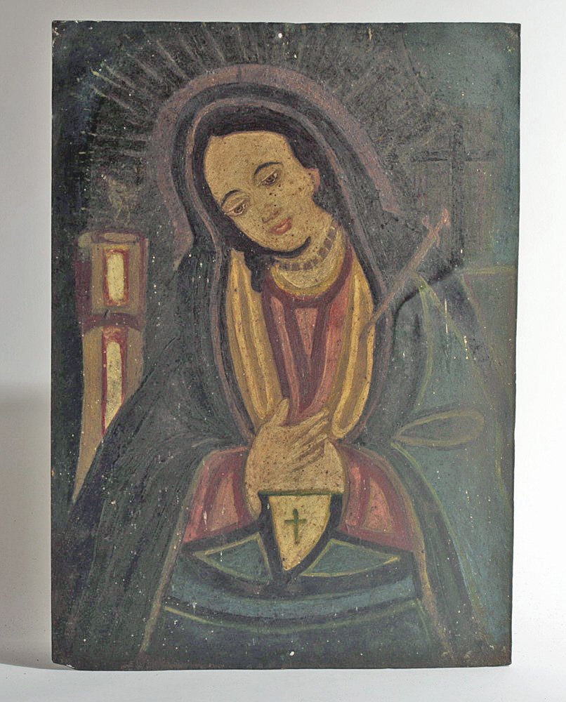 19th C. Mexican Retablo, Mater Dolorosa: Mexico, late 19th century CE. A wonderful antique Mexican retablo depicting the Mater Dolorosa, a popular subject for retablo art. Icons like these were placed above household altars to venerate the s