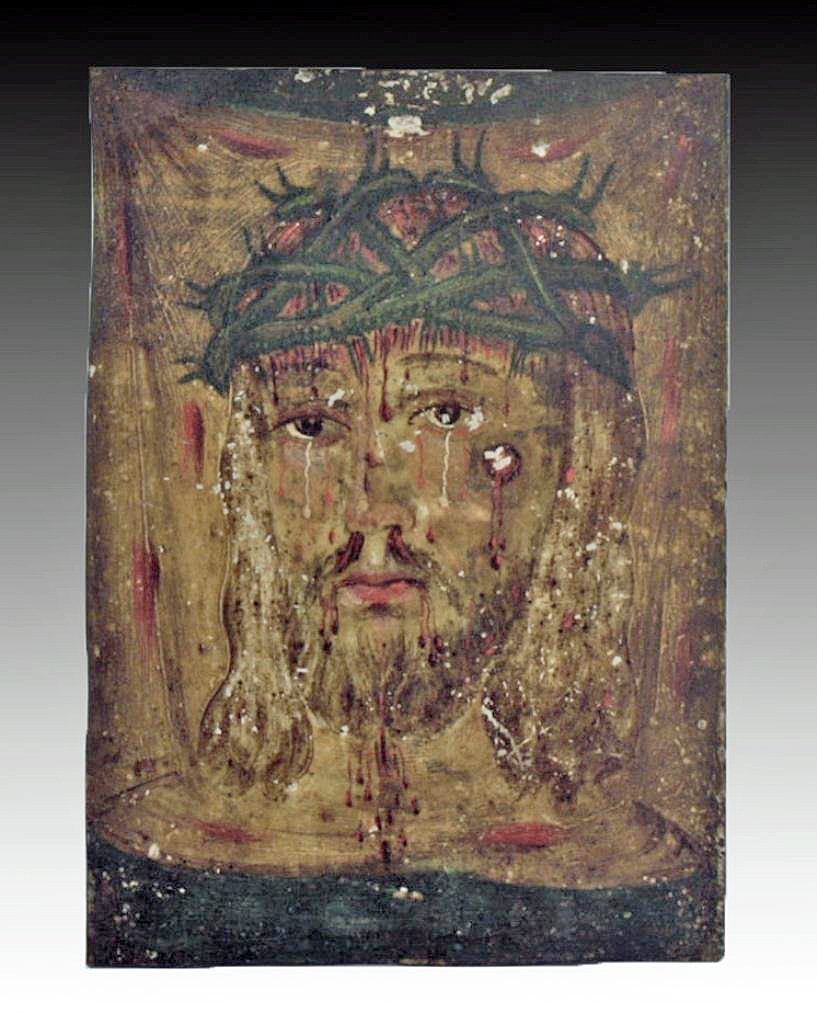 19th C. Mexican Retablo, Veronica's Veil: Mexico, ca. 19th Century CE. An interesting antique Mexican retablo depicting the Veil of Veronica, a popular retablo subject. Veronica was a woman who, moved to compassion by the tortured Christ, off