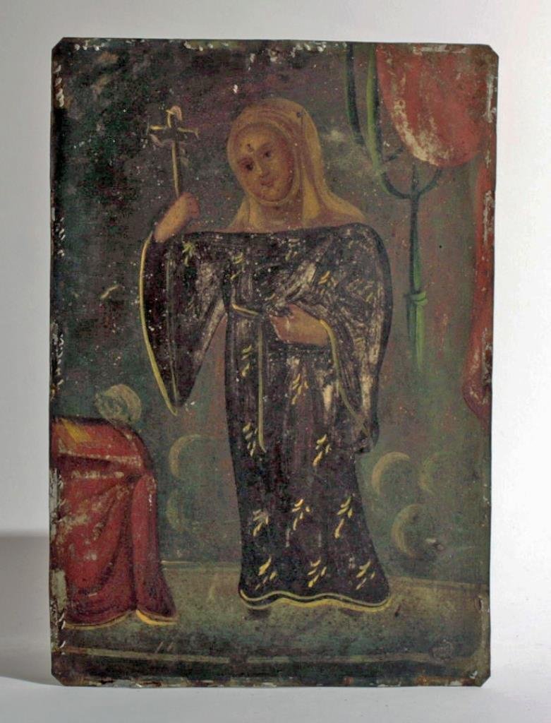 19th C. Mexican Retablo, St. Rita de Cascia: Mexico, ca. 19th Century CE. A lovely antique retablo depicting St. Rita of Cascia, the Augustinian nun who, along with St. Jude, is the patron saint of impossible causes. Here she is shown wearing th