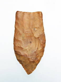 Prehistoric Paleo-Indian Midland Point: Native American, Paleo, ca. 9000-8000 BCE. Impressive golden brown chert from the Dr. Allen Heflin collection. Comes in 3-1/4" x 4-1/4" frame. Dr. Heflin found point on June 7, 1943 along